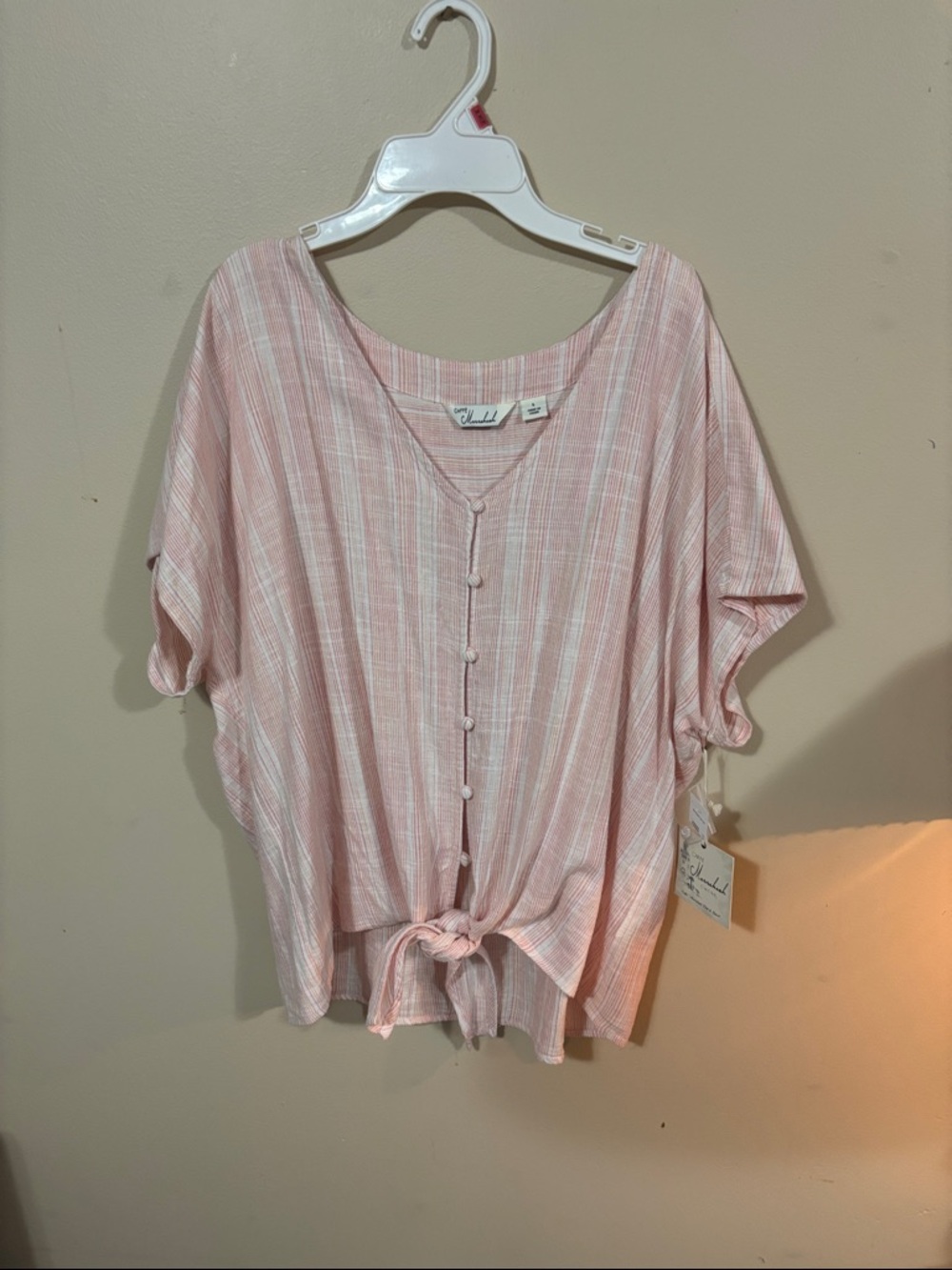 Light Pink Striped Tie-Front Button Blouse -